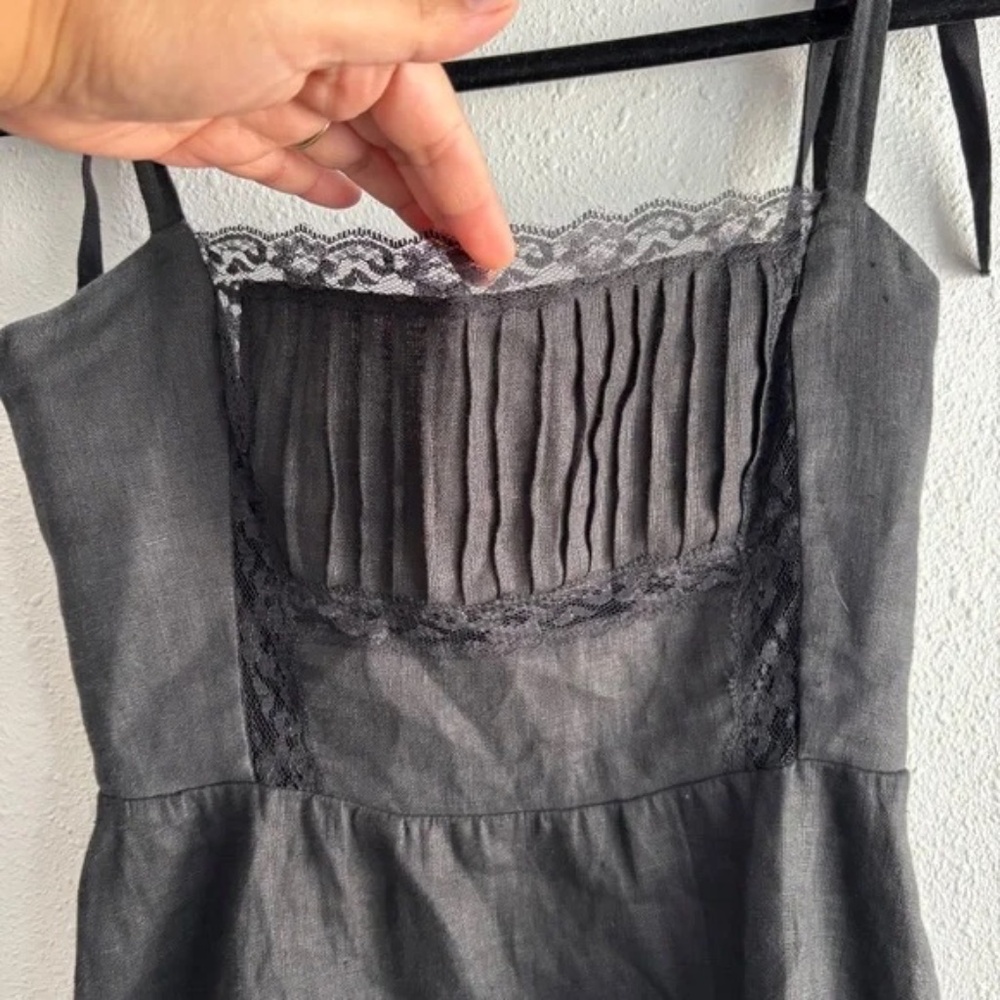 Reformation Domingo Linen Lace Pleated Bodice Bow Strap Mini Dress in Black - Picture 5 of 10